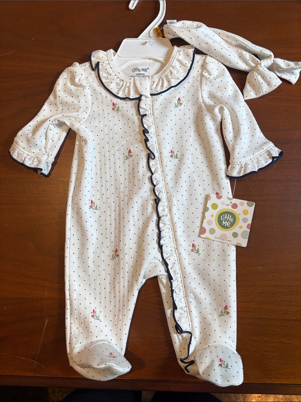 Little Me White One-Piece Footie with Navy Trim and Pink Floral Accents